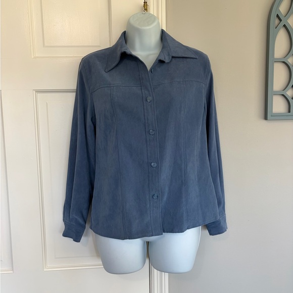 Petite Sophisticate Tops - Petite Sophisticate Dusty Blue Button Front Top